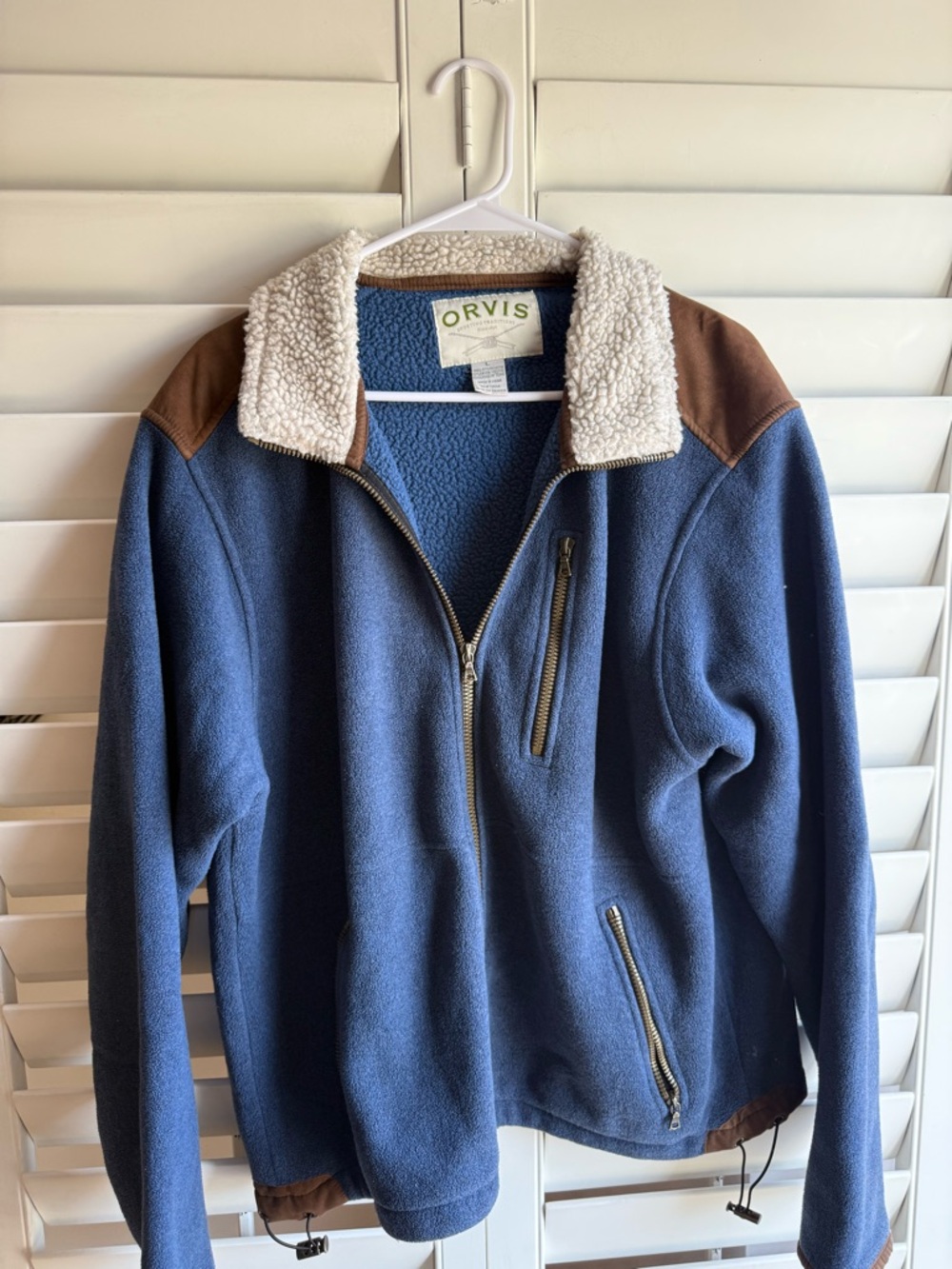 Orvis Blue Fleece Jacket with Brown Suede Trim